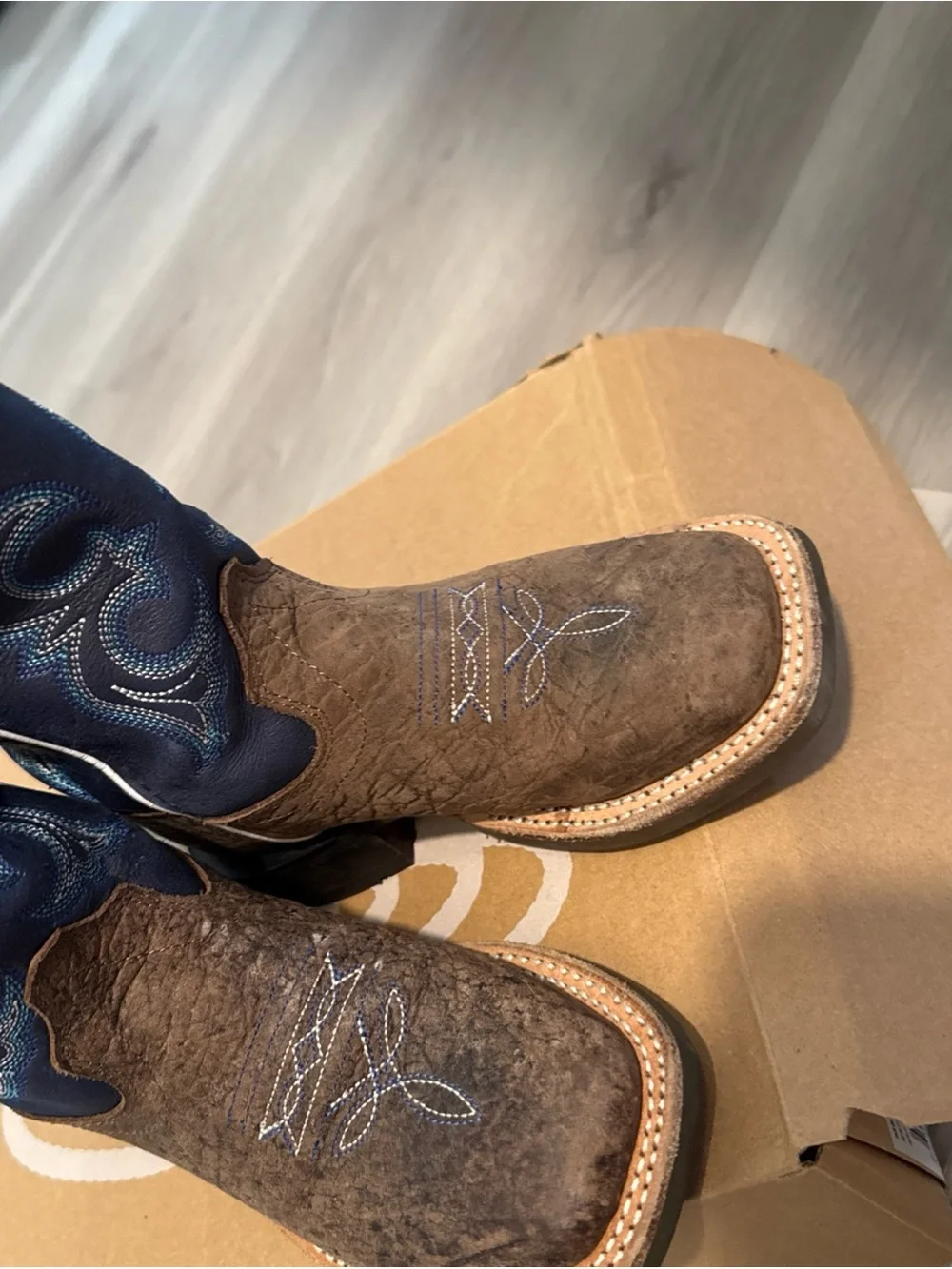 Old West Brown Leather Kids Western Boots with Navy Embroidered Shaft